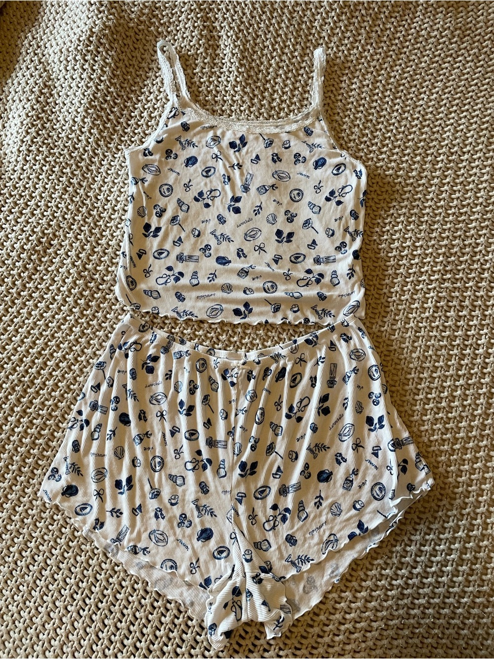 Women’s White and Navy Printed Two-Piece PJ set